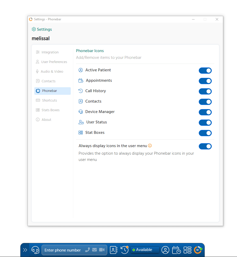 Surgery Connect's Phonebar in action. User is choosing settings.